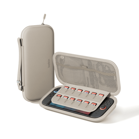 Belkin Travel Case for Nintendo Switch 2 – Hard Shell, Soft Interior, Game Card Pocket, AirTag Holder – Lightweight & Protective Gaming Bag – Sand