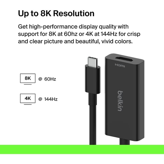 Belkin USB-C to 2.1 Adapter, Tethered 4.33in Cable w/ 8K @ 60Hz, 4K @ 144Hz, HDR, HBR3, DSC, HDCP 2.2, USB-IF - Works w/Chromebook, Certified for MacBook, iPad Pro, & Other USB-C Devices - Black