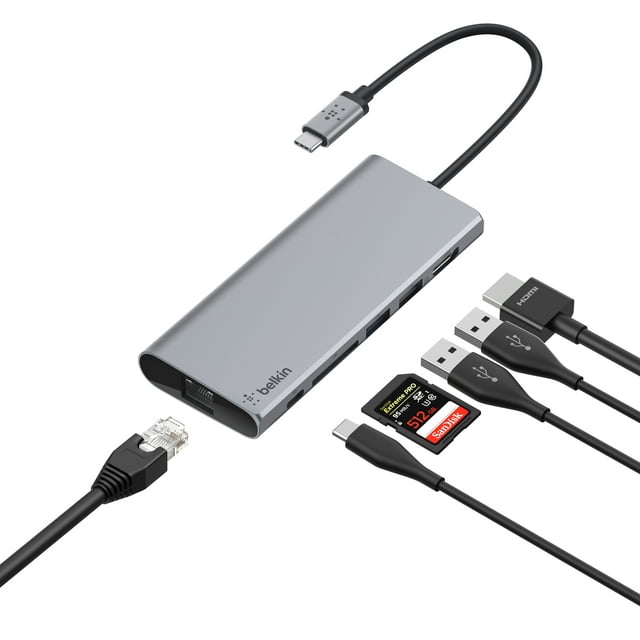 Belkin USB-C Hub, 5-in-1 MultiPort Docking Station - USB-C Docking Station for iPad, iPad Pro, iPad Mini & MacBook - 60W USB-C Power Delivery 3.0, 4K HDMI USB-A, USB-C, Ethernet & SD Card Ports