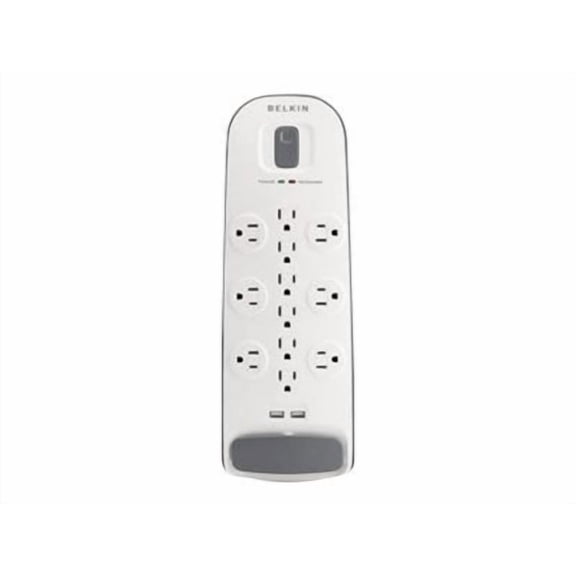 Belkin USB Power Strip Surge Protector - 12 AC Multiple Outlets & 2 USB Ports - 6 ft Long Flat Plug Extension Cord for Home, Office, Travel, Computer Desktop & Charging Brick - White (3,996 Joules)
