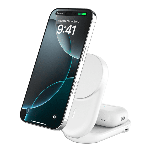 Belkin MagSafe Charger Compatible, 2-in-1 Qi2 Wireless Charging Station 25W, Convertible Wireless Charger for iPhone 16, AirPods, Portable Phone Stand for Travel w/ USB-C Port, 45W Adapter - White