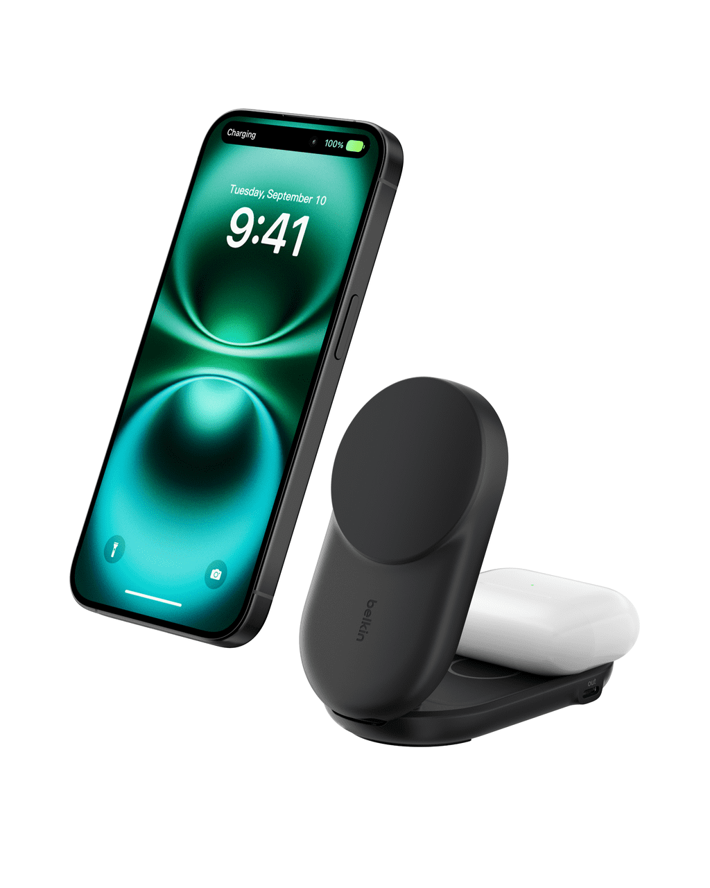 Belkin MagSafe Charger Compatible, 2-in-1 Qi2 Wireless Charging Station 25W, Convertible Wireless Charger for iPhone 16, AirPods, Portable Phone Stand for Travel w/ USB-C Port, 45W Adapter - Black