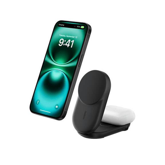 Belkin MagSafe Charger Compatible, 2-in-1 Qi2 Wireless Charging Station 25W, Convertible Wireless Charger for iPhone 16, AirPods, Portable Phone Stand for Travel w/ USB-C Port, 45W Adapter - Black