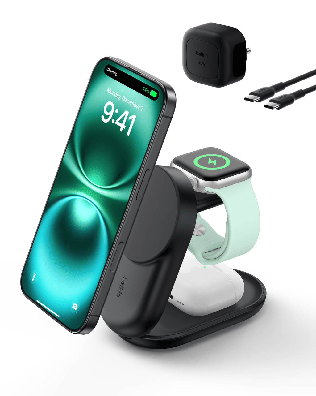Belkin MagSafe Charger Compatible, 3-in-1 Qi2 Wireless Charging Station 25W, Convertible Wireless Charger for iPhone 16, Apple Watch, AirPods, Portable Phone St