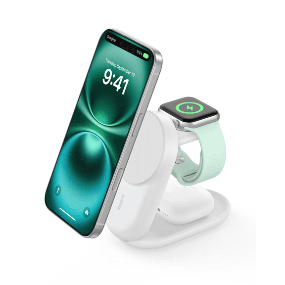 Belkin MagSafe Charger Compatible, 3-in-1 Qi2 Wireless Charging Station 25W, Convertible Wireless Charger for iPhone 16, Apple Watch, AirPods, Portable Phone Stand for Travel w/ 45W Adapter - White
