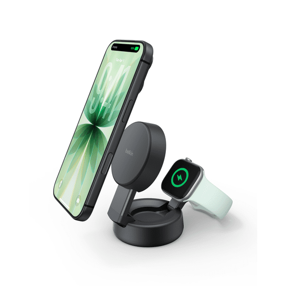 Qi2 25W Convertible 2-in-1 Wireless Charger for iPhone, Apple Watch with 45W USB-C Power Supply and 5 ft./1.5m cable. Travel-friendly, magnetic, USB-IF certified and MFI approved - Charcoal
