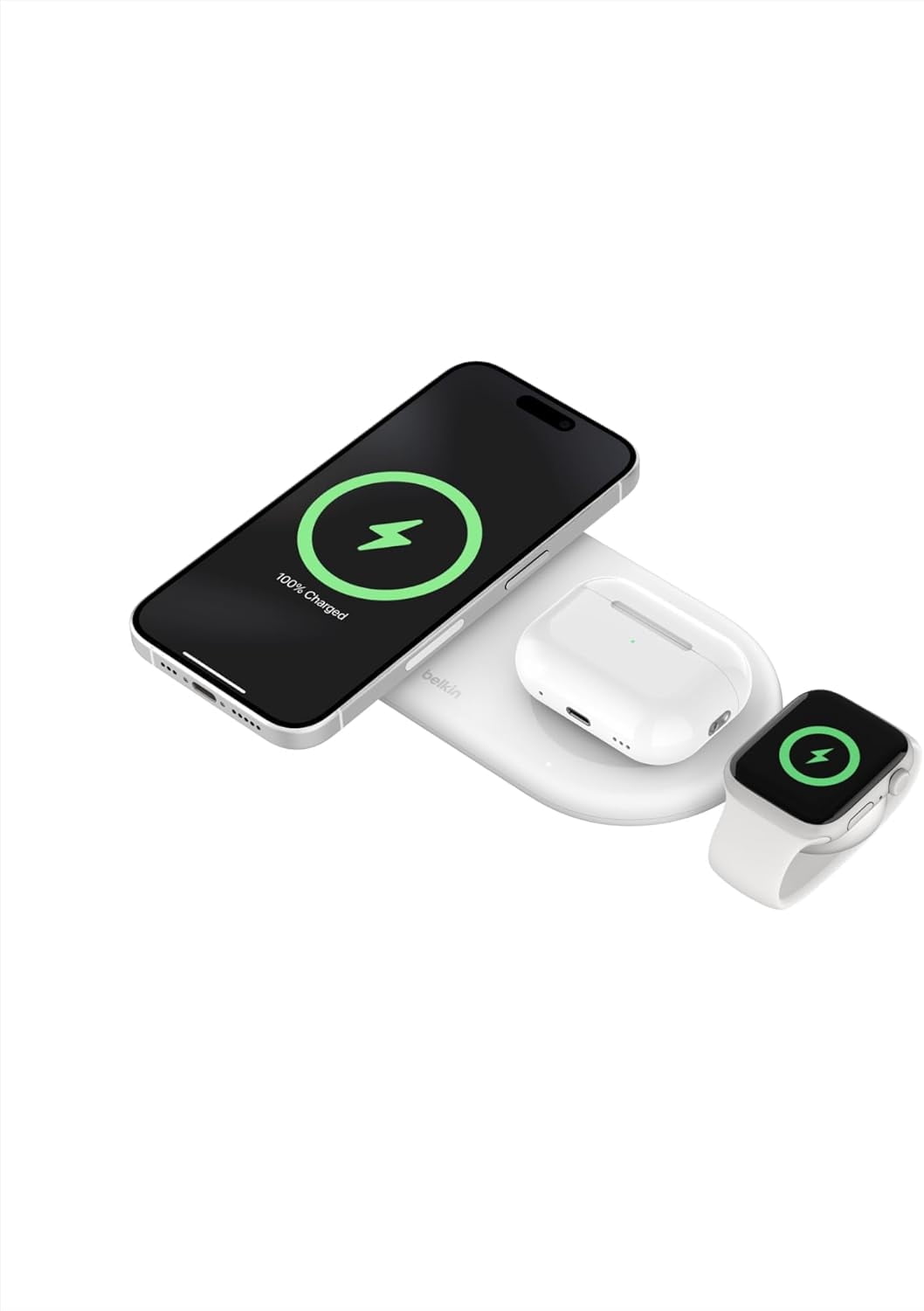 Belkin BoostCharge Pro 3-in-1 MagSafe-Compatible Wireless Charging Pad with Qi2 15W, Fast Charging iPhone Charger, Compatible with iPhone 15, 14, and 13 Series, AirPods, Apple Watch, & More - White