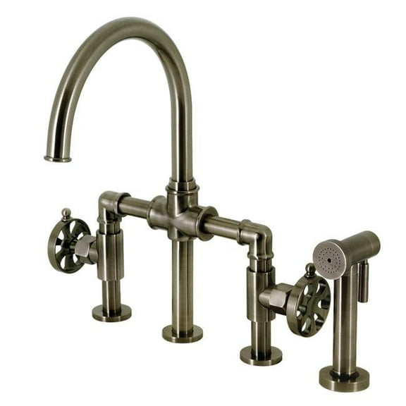Belknap Industrial Style Bridge Kitchen Faucet with Brass Sprayer, Black Stainless