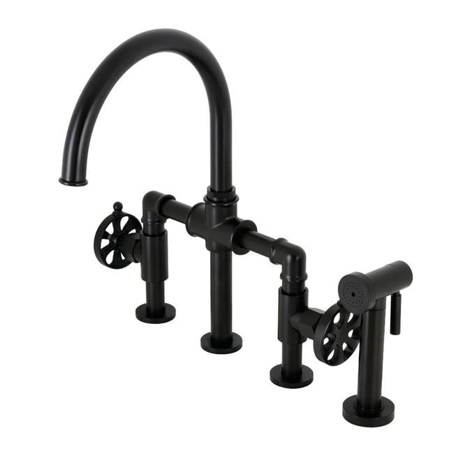Belknap Industrial Style Bridge Kitchen Faucet with Brass Sprayer, Matte Black