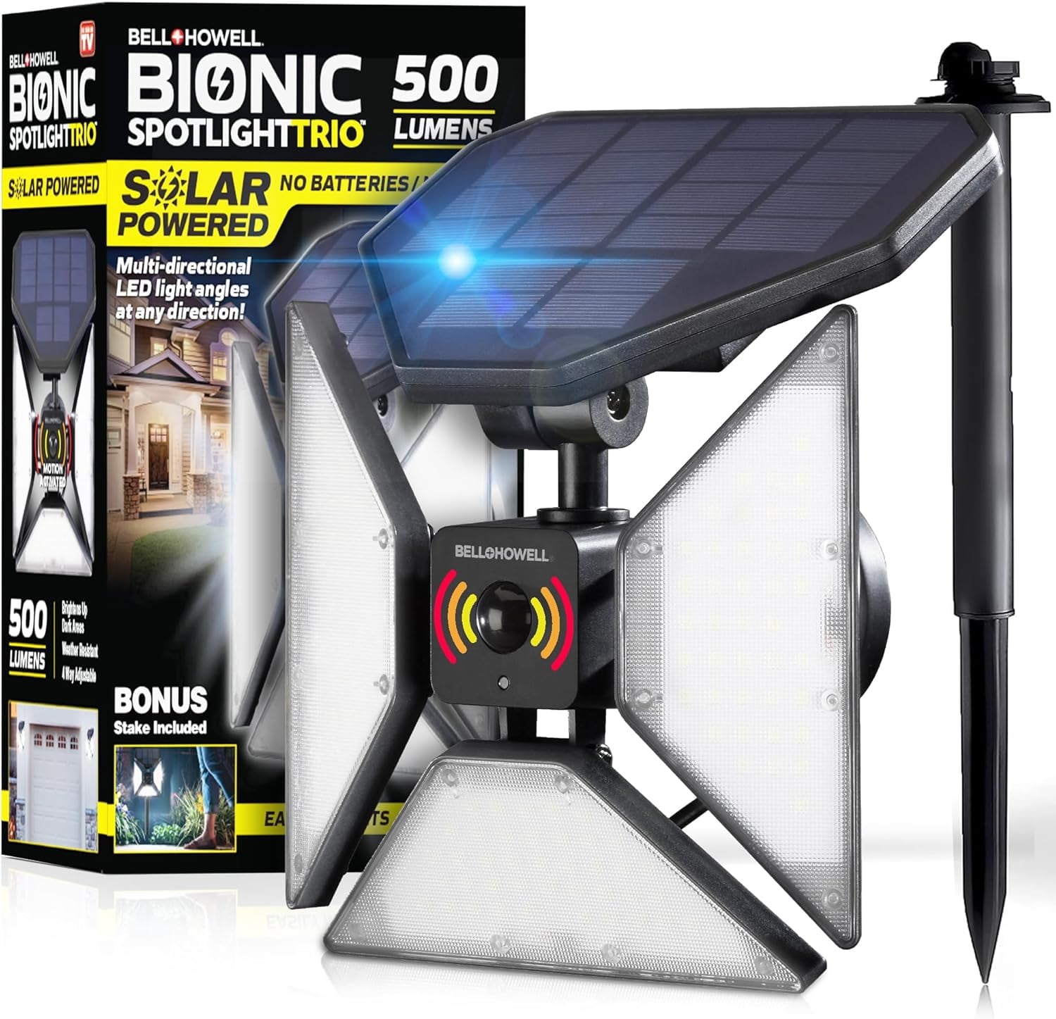 Bell + Howell Bionic Adjustable Spotlight Motion Sensor Outdoor Lights, 500 Lumens Solar Flood Motion Light Outdoor, Solar Security Flood Lights As Seen on TV, Stake Included