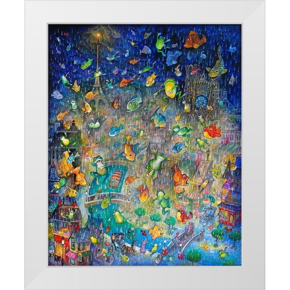 Bell, Bill 12x14 White Modern Wood Framed Museum Art Print Titled - Raining Frogs And Fishes