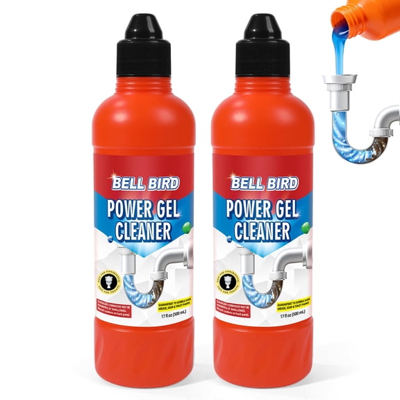 Bell Bird Drain Clog Remover & Pipe Cleaner - Thick Power Gel Dissolves Hair, Grease, and Soap Scum - Septic Safe Odor Eliminator for Kitchen Sinks, Tubs, Showers & Toilets (Pack of 2)