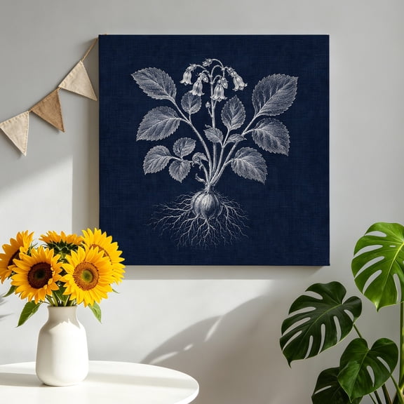 Bell Blossoms Canvas Wall Art, Flower Herb Plant Botanical Root System Indigo Blue Painting Pictures Print Framed Canvas Wall Decor Artwork Decorations Ready to Hang for Living Room Bedroom 8"x8"