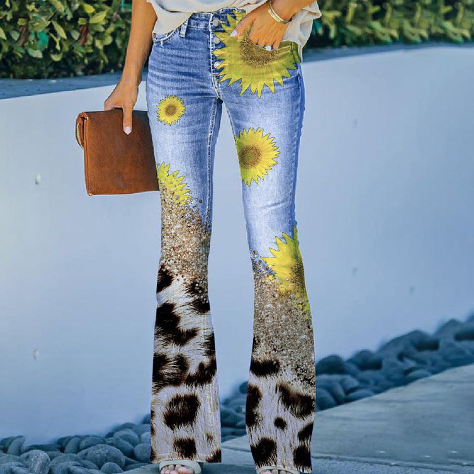 Bell Bottom Denim Pants for Women High Waist Sunflower Printed