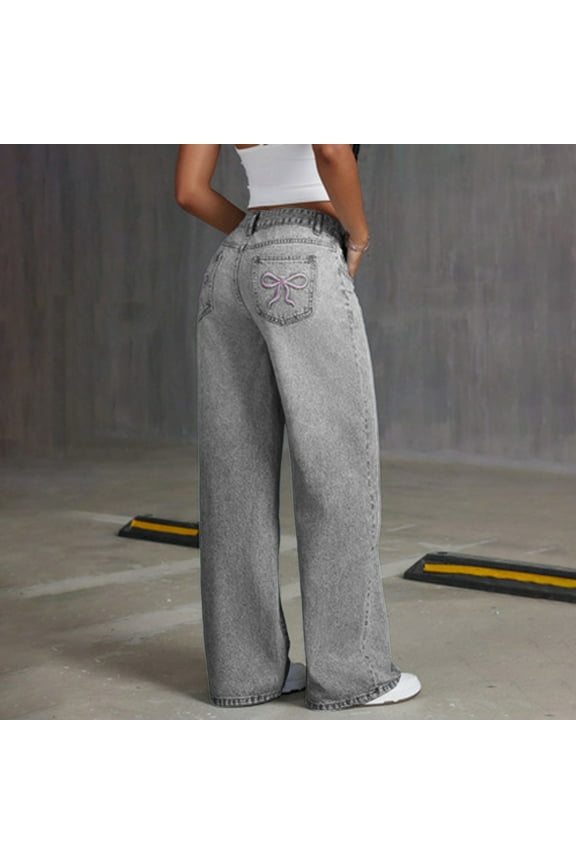 Bell Bottom for Girls Kids Wide Leg Denim Jeans High Elastic Waist Pants Solid Color Casual Summer Girl's Y2K Bow Rhinestone Baggy Jeans Cute Jeans For Teen Girls With Bows