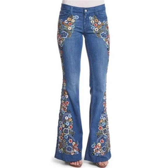 Bell Bottom Jeans For Women Embroidered Floral High Waist Bootcut Pants Gothic Western Plus Size Denim