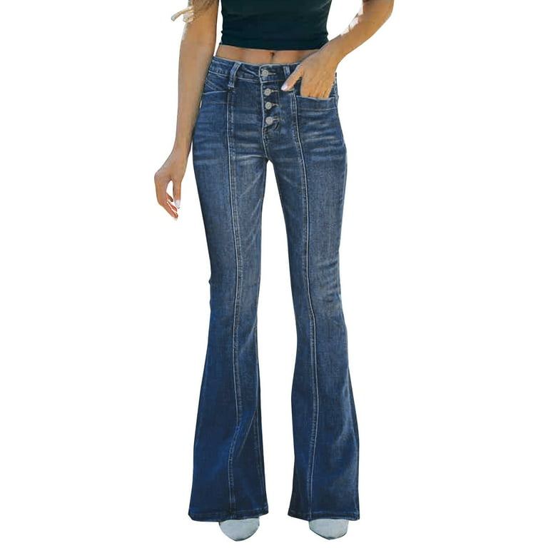 Bell Bottom Jeans For Women High Waist Flare Stretchy Wide Leg Split Bootcut Distressed Hem Denim Pants Mid Rise Jeans For Women Color Blue Size M