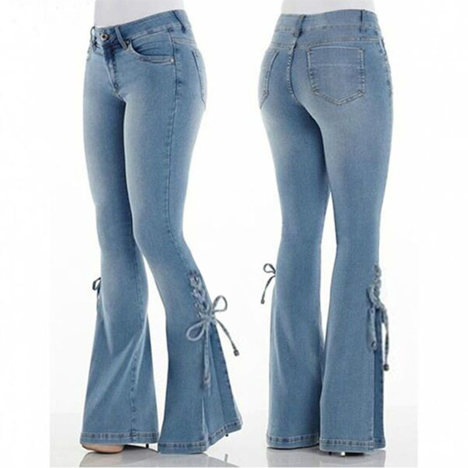 Bell Bottom Jeans for Women Mid-Waist Lace-Up Denim Trousers