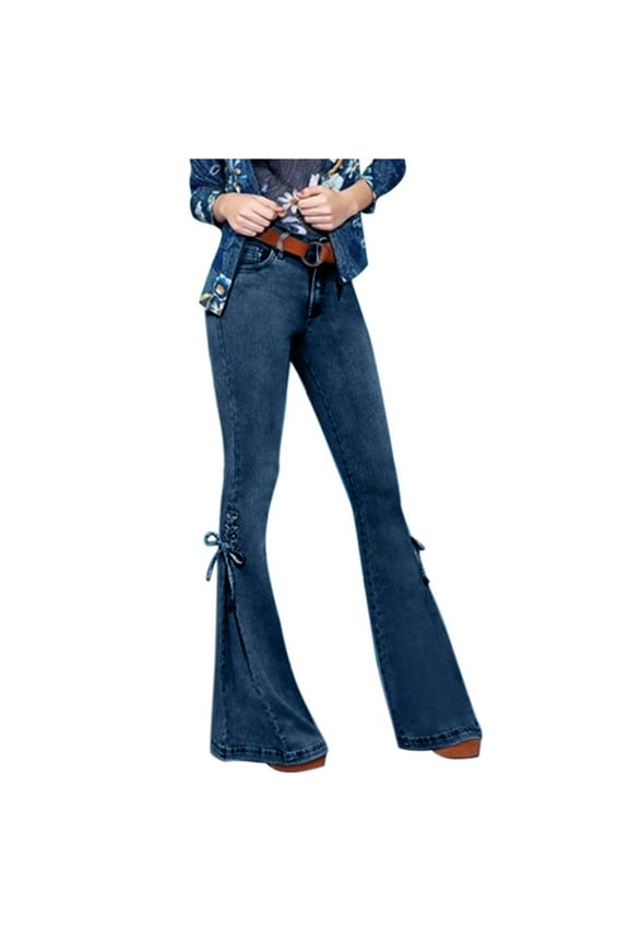 Bell Bottom Jeans for Women, Fashion Mid Rise Side Slit Lace-Up Denim Pants Stretchy Flare Trousers Juniors Long Jeans