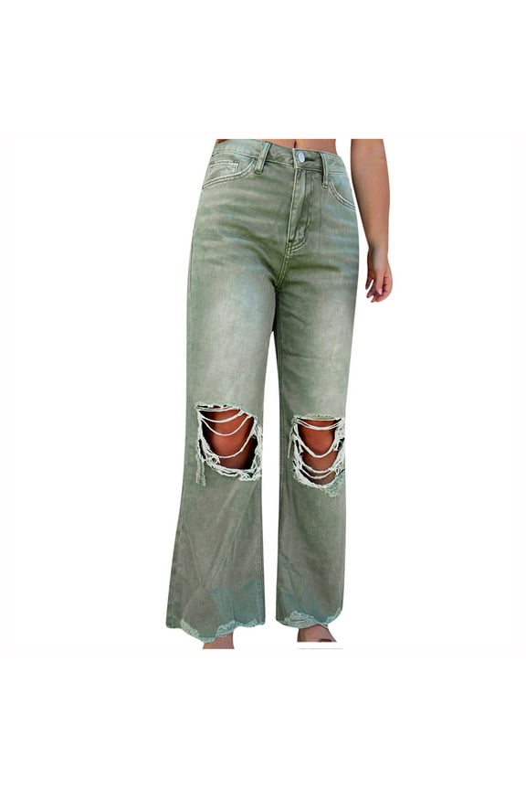 Bell Bottom Jeans for Women Fashion Ripped Hole Raw Hem Denim Flare Pants High Waisted Distressed Jeans Bootcut Jeans