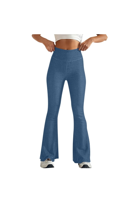 Bell Bottom Jeans for Women High Waisted Jeans Stretchy Denim Leggings Tummy Control Pull On Yoga Workout Flare Pants Blue