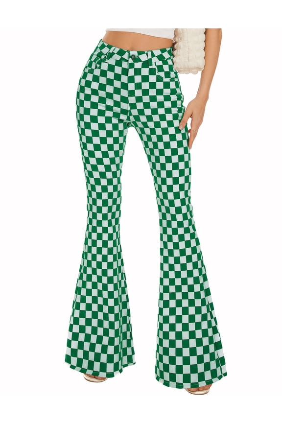 Bell Bottom Jeans for Women High Waisted Stretch Plaid Flare Jeans Denim Bootcut Pants