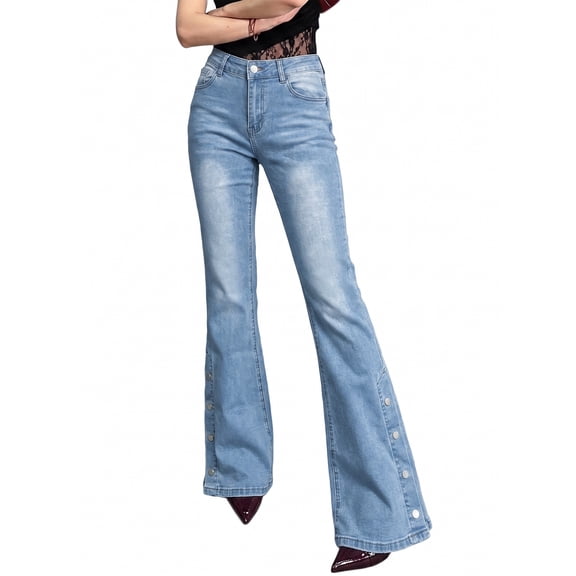 Women's High Waisted Flare Jeans Side Button Decor Stretchy Bell Bottom Pants Vintage Denim Trousers