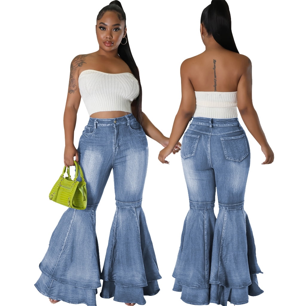 Bell Bottom Jeans for Women Ripped Skinny Bell Bottom Raw Hem Denim Pants Cute Flare Jeans Pleated Layered Bell Hem Wide Leg Denim Pant Walmart