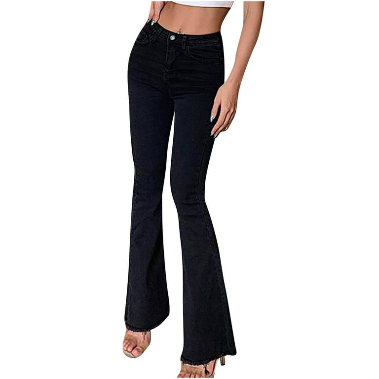 Bell Bottom Jeans for Women, Trendy High Waisted Stretch Flare Denim Pants  Butt Lifting Skinny Solid Color Trousers Black