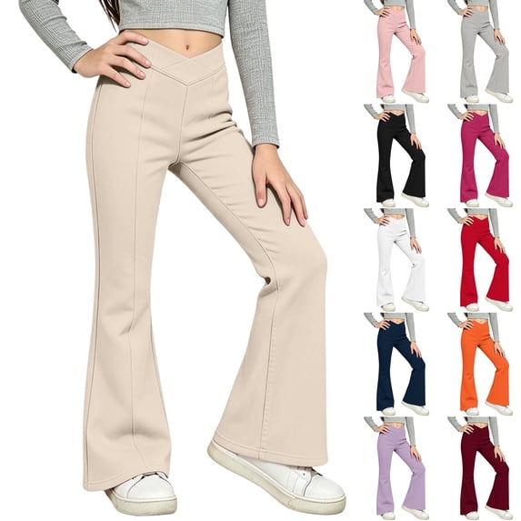 Bell Bottom Leggings for Girls Premium Stretch Flare Pants V‑crossover Slim Fit Side Pockets Athletic School‑ready Bottoms