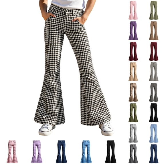 Bell Bottom Pants for Girls High Waist Y2k Pants Girls Wide Leg Pants Back to School Clothes Plaid School Pants Size 5-16 Years