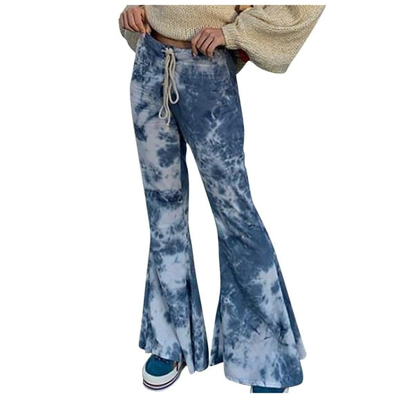 Bell Bottom Pants for Women Elastic Waist Drawstring Wide Leg Pants Trendy Tie Dye Baggy Flowy Flared Lounge Trousers