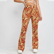 SEROYE Bell Bottom Pants for Women High Waist Floral Printed Flare Leg Pant Stretchy Slim-Fit Winter Lounge Ankle Trousers