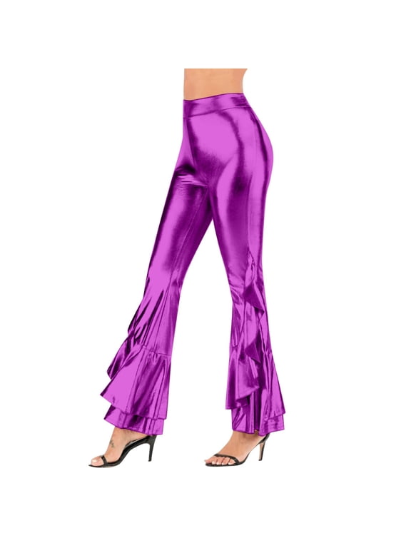 Bell Bottom Pants for Women Metallic Pants Shiny Stretch 70s Disco Flare Pants Slim Fit Party Leggings
