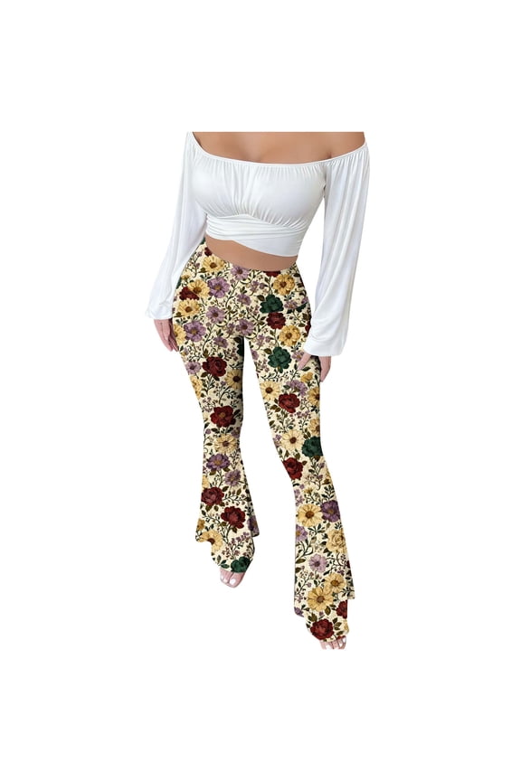 Bell Bottom Pants for Women Slim Flared High Waist Leggings Leopard Printed Stretch Soft Retro Bootcut Trousers (L, Beige)