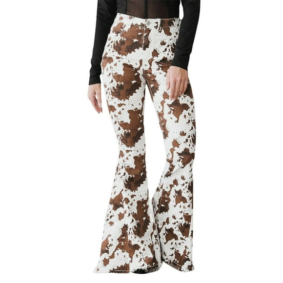 Bell Bottom for Women High Waisted Trendy Cow Pattern Jeans Button Waist Closure Loose Fit Stretchy Pants M