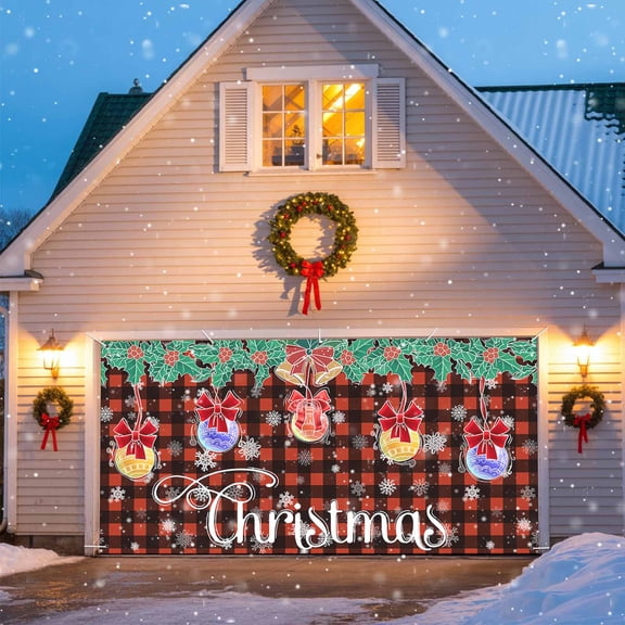 Bell Buffalo Plaid Christmas Garage Door Decorations, 6x13ft Garage Door Cover Banner with Grommets, Outdoor Garage Door Backdrop Mural for Holiday Party Wall Decor, Berry Snowflake Snow