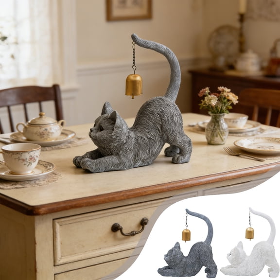 Bell Cat Resin Sculpture, Home Garden Table Ornament, Whimsical Home Decor Aesthetic Painted Feline Figurine, Cute Weatherproof Indoor Outdoor Shelf Patio Garden Home Decor Gift, Gray