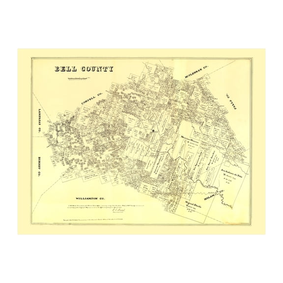 Bell County Texas Art, 1879 Vintage Map of Bell County TX History Wall Decor Gift, Old Bell County TX Map - 36" x 24" Unframed Print