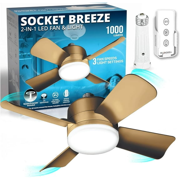 Bell+Howell Socket Breeze Socket Fan Light with Remote, Portable Small Ceiling Fans with Lights for Bedroom, Kitchen, Living Room, Ceiling Fan with Light 3500K, 1000 Lumens, Screws into E26/E27