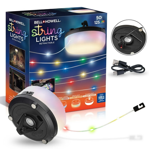 Bell + Howell 50 Ft Retractable Camping String Lights with Flash Light & Hanging Hook, 125 LEDs for Camping, Holidays, Portable String Lights Outdoor Waterproof IP65, USB-C Cable Included