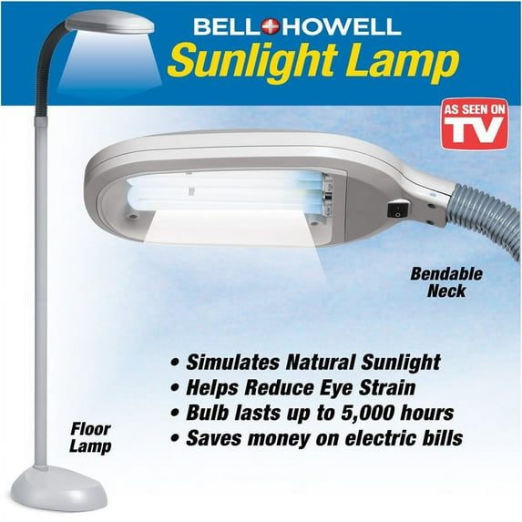Easy Comforts Bell + Howell Sunlight Floor Lamp XL, 60 in adjustable head, light gray, bendable neck