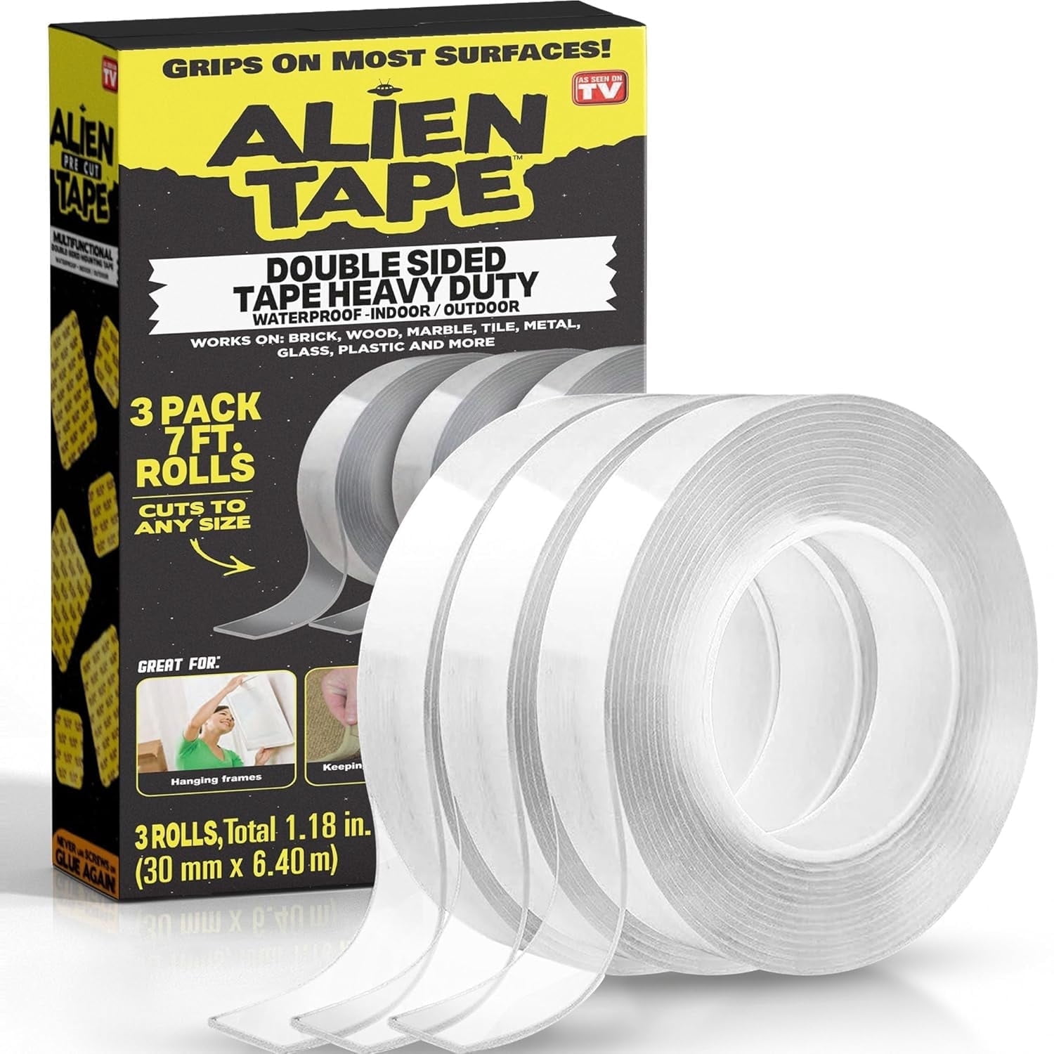 Alien Tape Nano Double Sided Tape, 21-ft Multipurpose Removable Adhesive Transparent, Grip Mounting Washable Strong Sticky Heavy Duty for Carpet Photo Frame Poster Décor - As Seen On TV