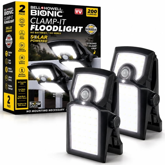 Bell + Howell Bionic Clamp-It Floodlight, 200 Lumens Solar Powered Motion Activated LED Security Light, 2 Pack