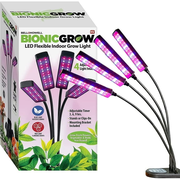 Bell+Howell Bionic Grow Light for Indoor Plants 4 Heads Flexible Growing Lamp with 8 Brightness Settings, 3 Light Modes Including Full Spectrum UV Light Growing Plant Light As Seen On TV