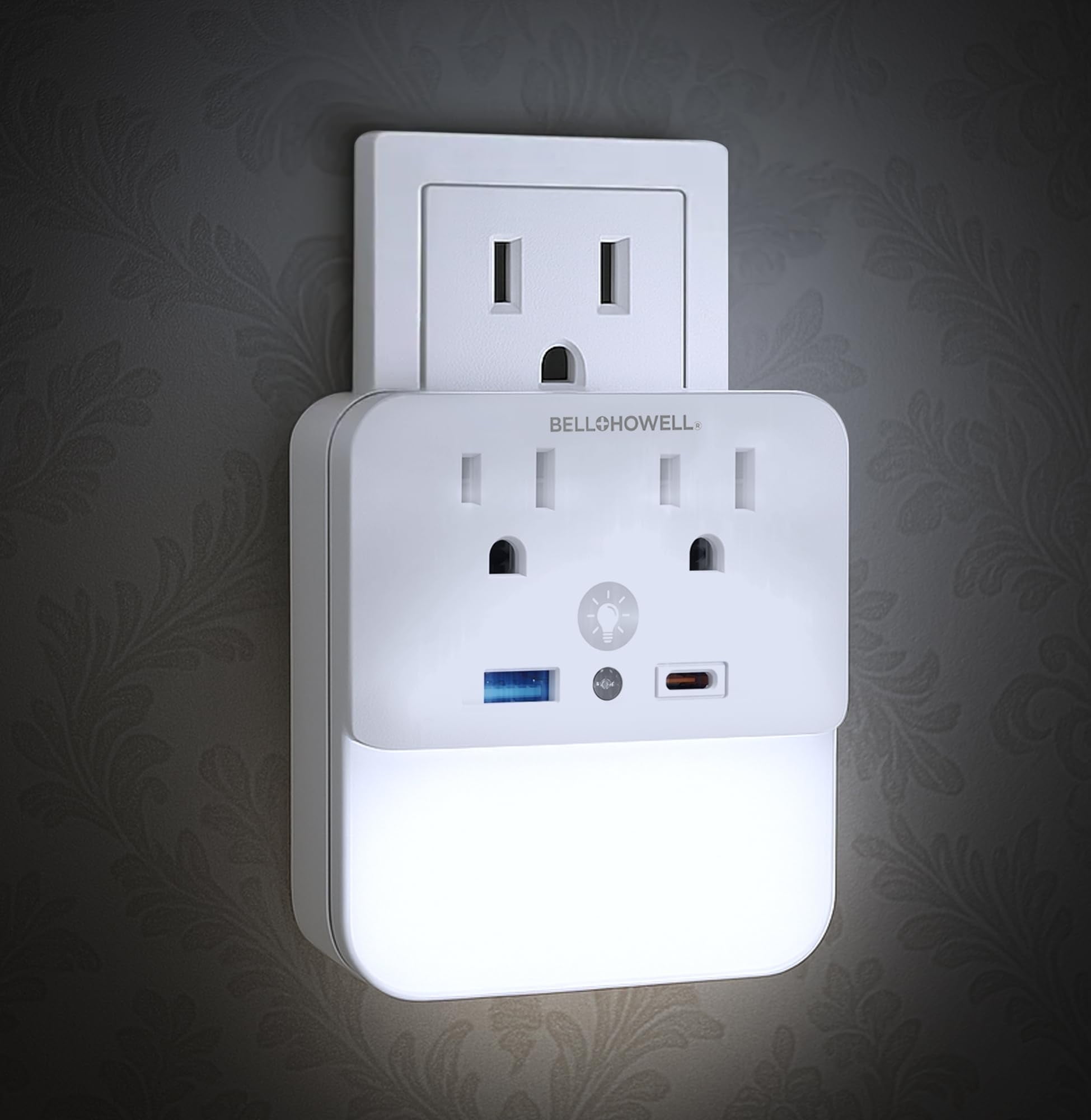 Bell + Howell Night Light Surge Protector Outlet with USB Ports, 2 AC Outlets, 2 USB Ports, Fireproof Power Station Outlet Extender with Dusk to Dawn Sensor, Smart Charging