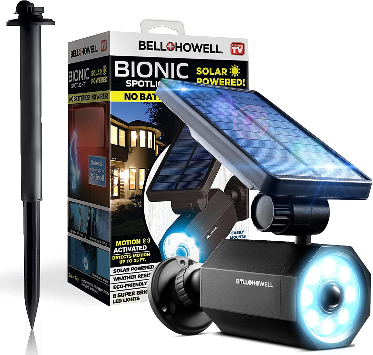 Bell Howell Bionic Spotlight, 25 ft. Motion Sensor, Solar Sun Panels, Outdoor  Lighting- Black
