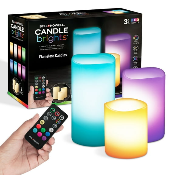 Bell and Howell Candle Brights, 3PK Multicolor Flameless Candles with Remote, Battery Operated Fake LED Candle Pillar Flickering mode, Real Wax Color Changing Electric Candles, Dimmable