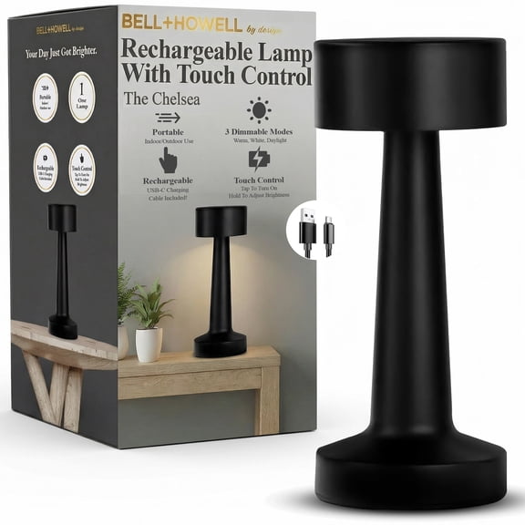 Bell + Howell Chelsea Small Table Lamp, Touch Lamps for Bedroom, LED Rechargeable Lamp, Cordless Lamp Great for Gifting, Small Lamps for Bedroom, Lamps for Living Room, Home Décor, Black