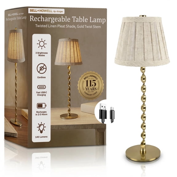 Bell + Howell Cordless Rechargeable LED Table Lamp Touch Control Dimmable 3 Modes USB-C Twisted Base Taupe